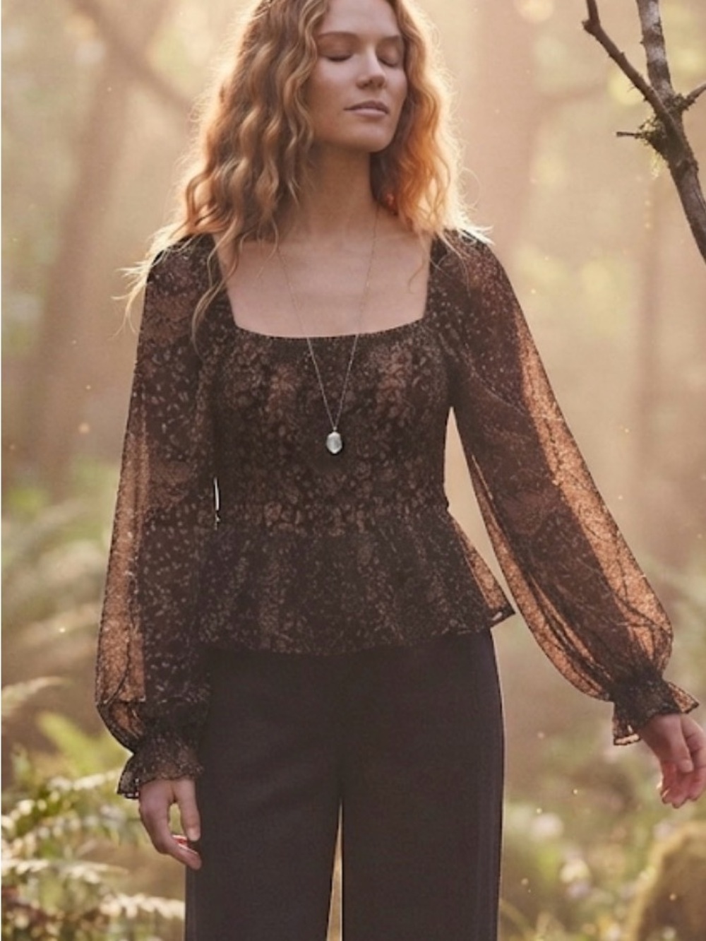 Mittoshop Floral Smocked Long Sleeve Black Tan Top Large Boho Cottagecore - Picture 1 of 16